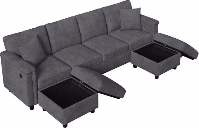 Divano modulare 6 posti con contenitore e porte USB e USB tipo C in ciniglia grigio 261×134×82 cm