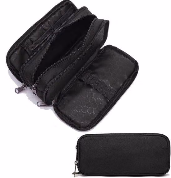 Astuccio capiente, elegante astuccio con 3 scomparti, tasca per penne, organizer per articoli da ufficio per donne e uomini, nero