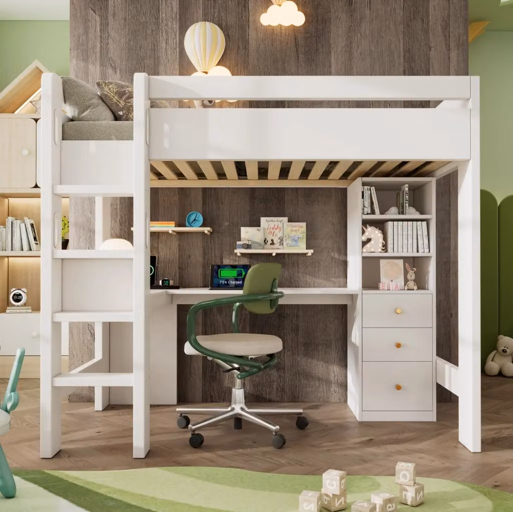 Letto a soppalco REDOM per bambini con scrivania a L, scaffali, cassetti e porta USB, bianco, L/P/H: 206 x 90 x 175 cm – 2