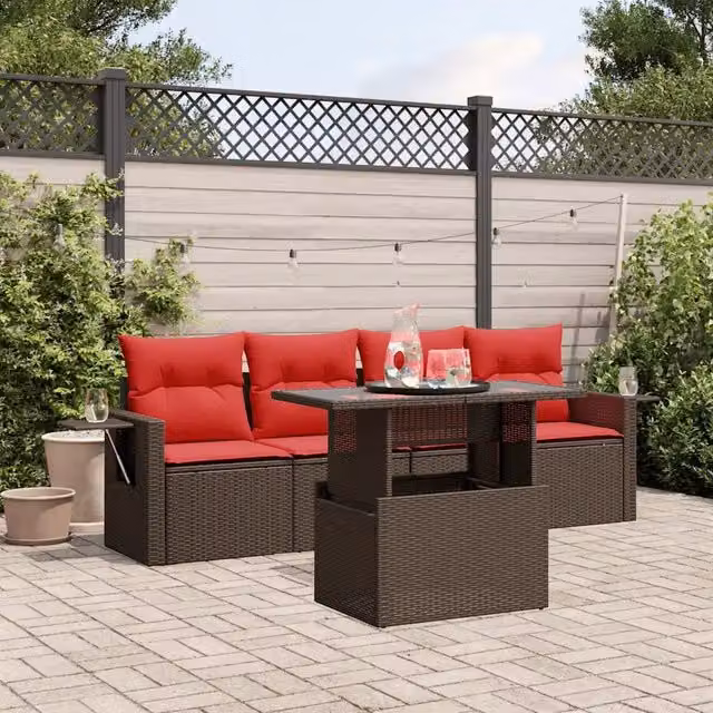 Set Divani da Giardino 5 pz con Cuscini Marrone in Polyrattan 3267734