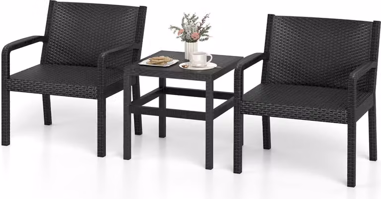 set di mobili da giardino 3 pezzi, mobili da patio con 2 poltrone in rattan e tavolino quadrato, sedute ergonomiche in stile moderno, nero