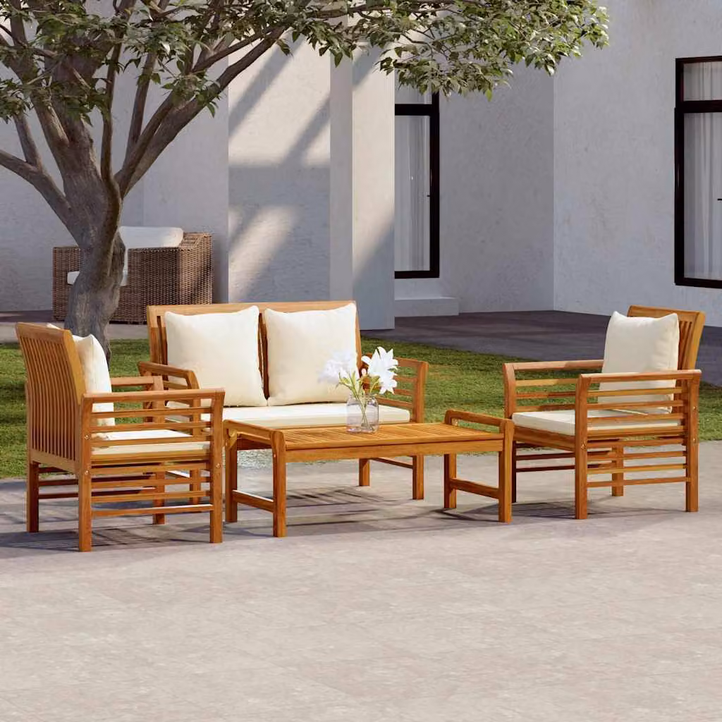 vidaXL Set Salotto da Giardino 4pz in Legno di Acacia con Cuscini Marroni e Bianchi – 1