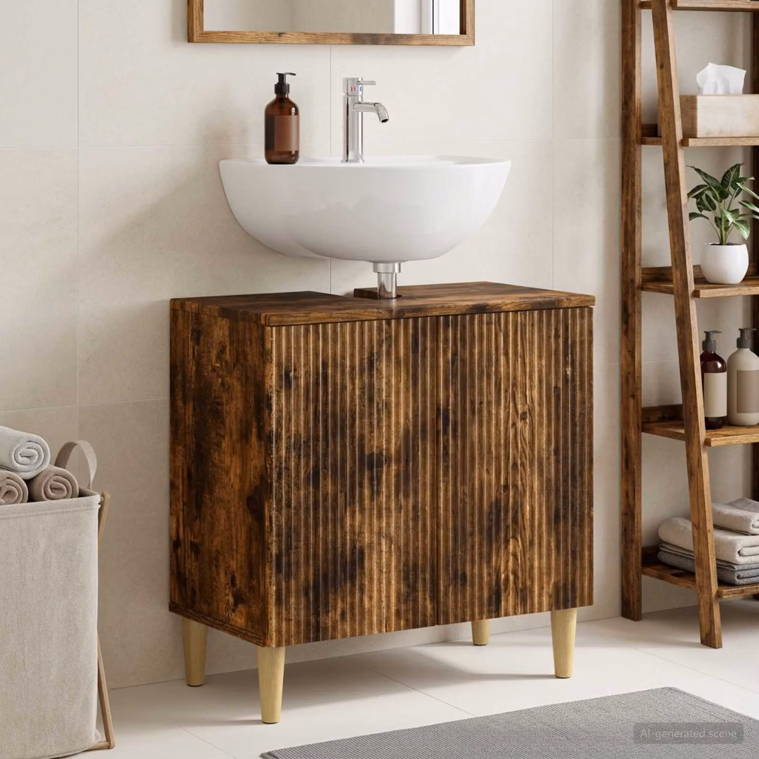 Armadio per lavabo da bagno vidaXL ARNHEM Rovere Fumo, design moderno con ante a battente, colore marrone opaco