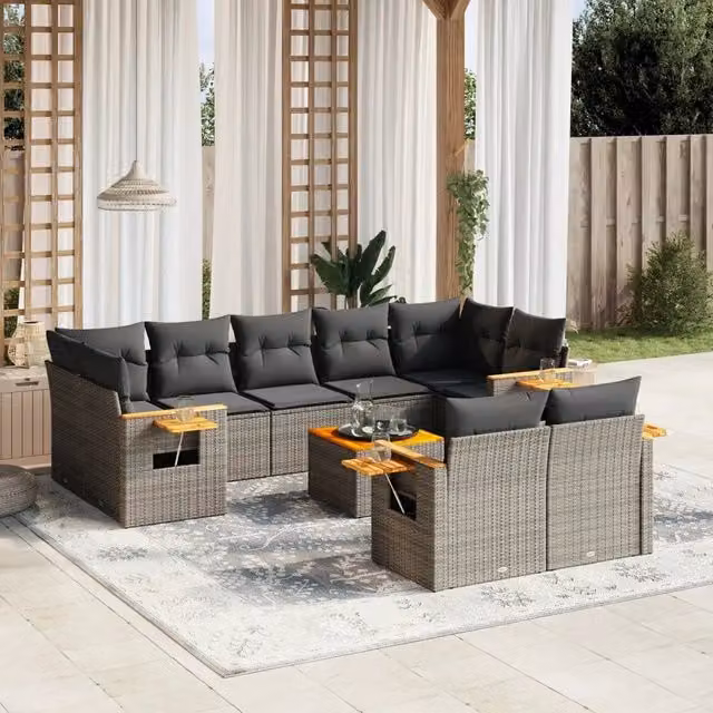 Set Divano da Giardino 10 pz con Cuscini Grigio in Polyrattan 3227159