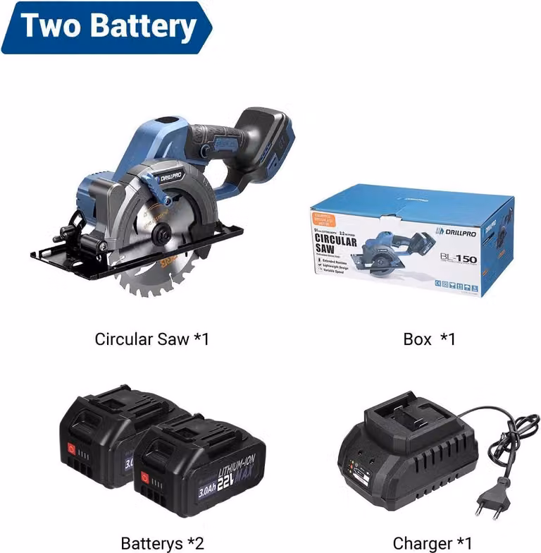 Sega circolare a batteria - Motore brushless da 20V - Lama da 150 mm, profondità di taglio di 51 mm - 6800 giri/min - 2 batterie