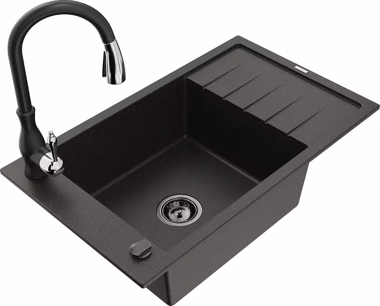 Mexen Elias lavello in granito a 1 vasca con scolapiatti e miscelatore da cucina Savita, nero/oro metallizzato