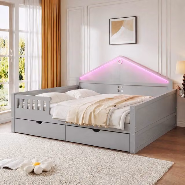 Letto singolo 140 × 200 cm con 2 cassetti e illuminazione LED regolabile, senza materasso, grigio