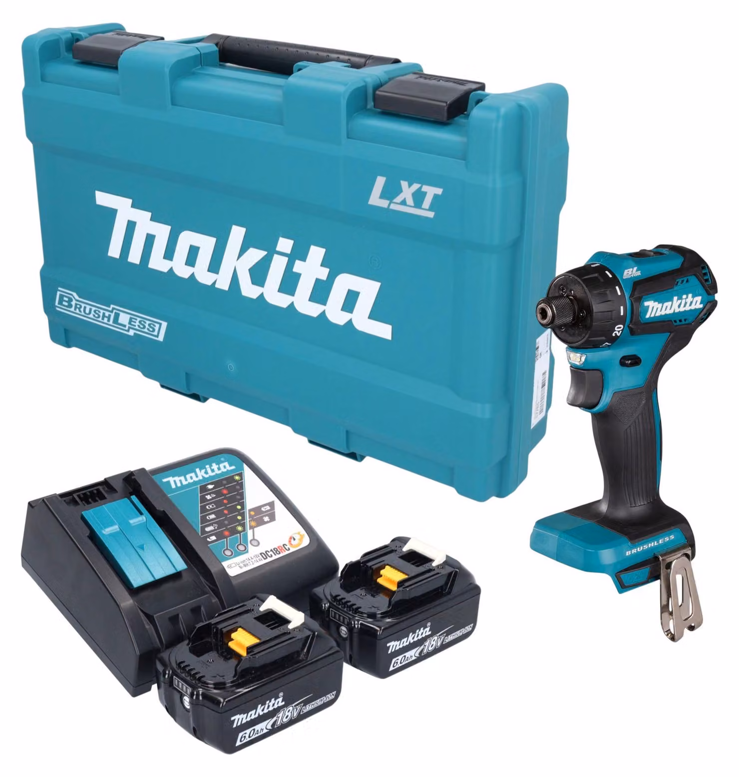 Trapano avvitatore a batteria Makita DDF 083 RGK 18 V 40 Nm 1/4" brushless + 2 batterie da 6,0 Ah + caricabatterie + valigetta