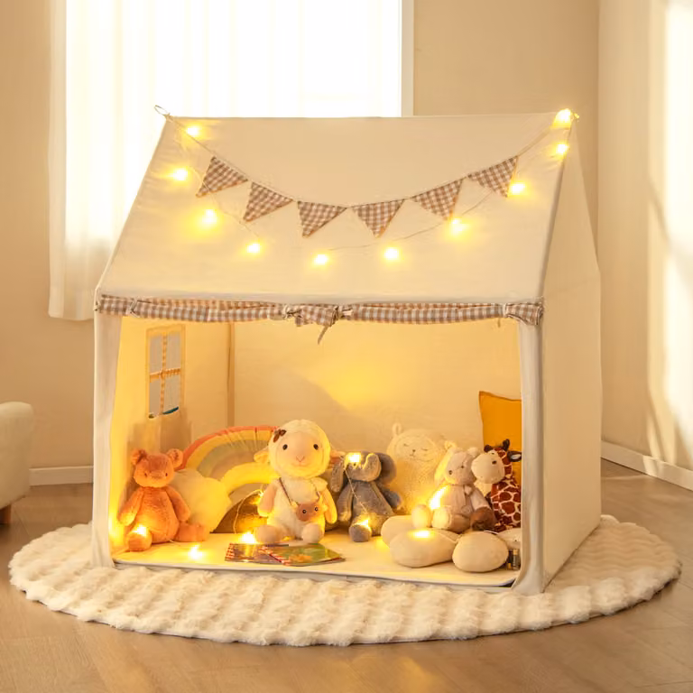 Casetta tenda da gioco Costway per bambini con tappetino imbottito, finestre traspiranti e tasche, Beige, L: 127 cm, P: 125 cm, H: 100 cm
