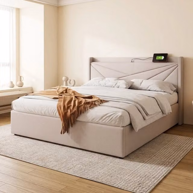 Letto matrimoniale 180x200 beige con vano contenitore, USB e USB-C