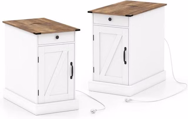 Set di 2 comodini camera letto stretto ricarica coperchio ribalta cassetto, Comodino tavolino piccolo vassoio rimovibile armadio Bianco