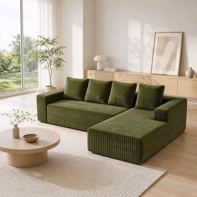 Divano modulare angolare a L con chaise reversibile; senza montaggio; in velluto a coste verde