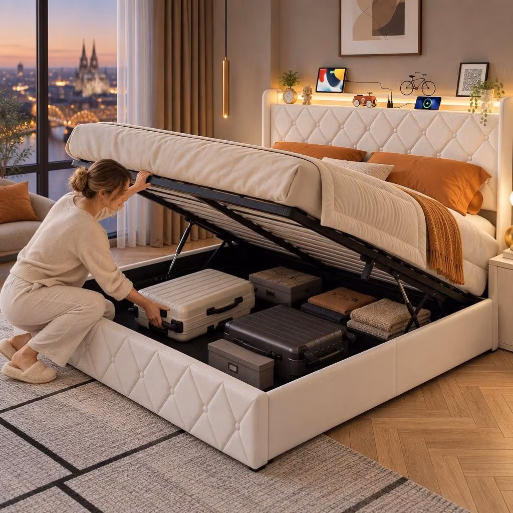 Letto imbottito INONEFT, 140x200 cm, con LED e USB, letto matrimoniale per ragazzi con spazio contenitore a sollevamento idraulico, struttura letto contenitore con rete a doghe, in velluto, color beige