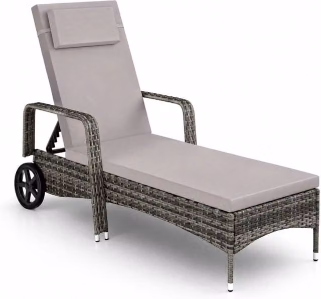 Chaise Longue in Polyrattan ARREDITALY con Schienale Reclinabile a Sei Livelli, Poggiatesta Integrato e Ruote, Grigio, L: 196 cm, P: 72 cm, H: 94.5 cm – 1