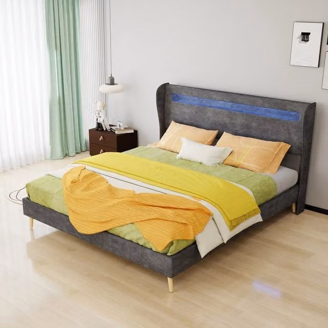 Struttura letto a piattaforma 160 × 200 cm con LED in tessuto e metallo grigio schienale regolabile