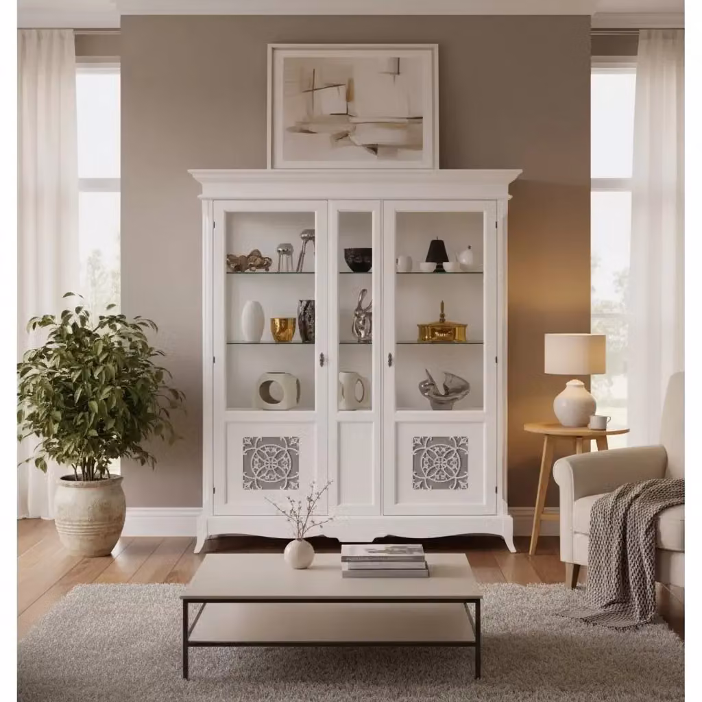 Vetrina Mobili 2G in legno con ante in vetro stile shabby chic bianco L: 166 cm, P: 51 cm, H: 214 cm – 2