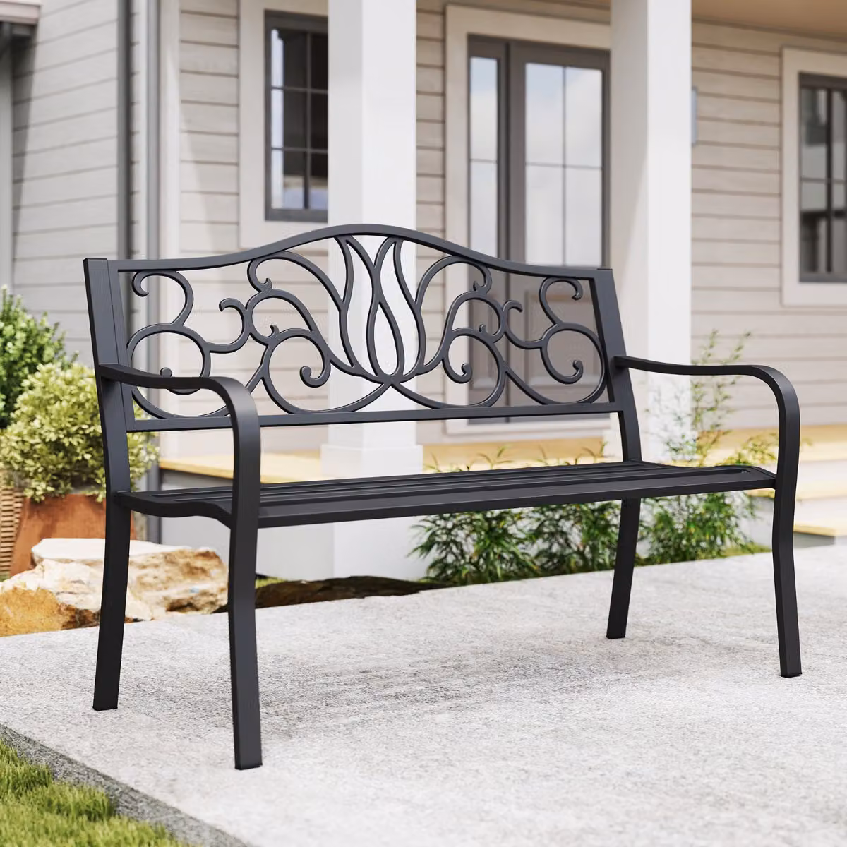 Panchina da giardino e balcone Costway in metallo nero resistente alle intemperie per 2 persone