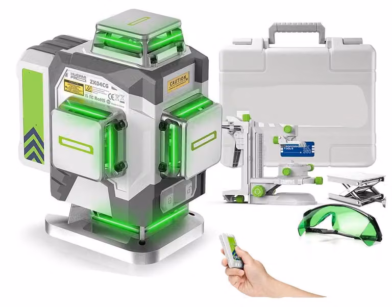 Livella laser 4D - Laser a croce - Livella per edilizia - Autolivellante - Linee verdi - Con batteria