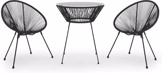 Set da pranzo da giardino moderno in rattan e vetro nero con piano rotondo