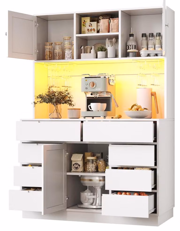 Armadio alto con cassetti e illuminazione a LED, dimensioni 120x40x183,5 cm, colore bianco