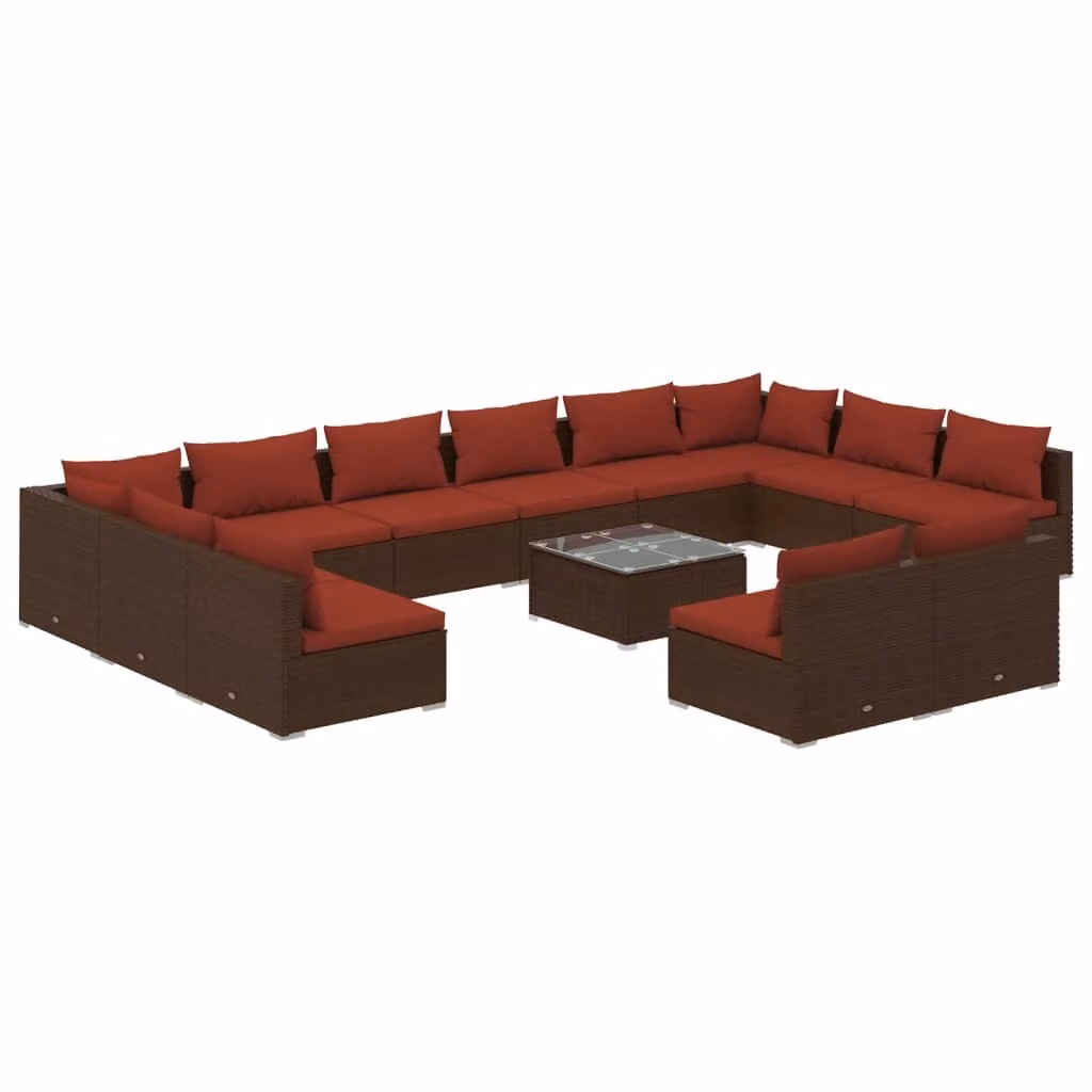 Set Divani da Giardino 13 pz con Cuscini in Polyrattan Marrone