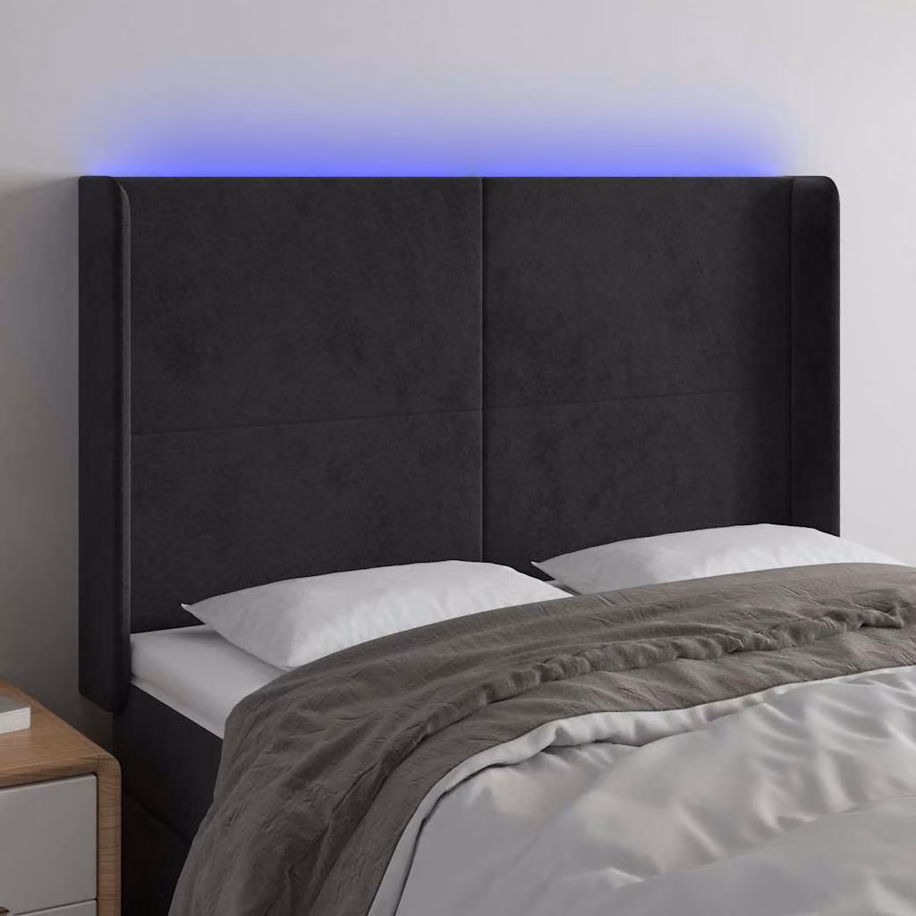 Testiera per letto vidaXL in velluto nero con illuminazione LED e porta di ricarica USB, L: 147 cm, P: 16 cm, H: 118/128 cm
