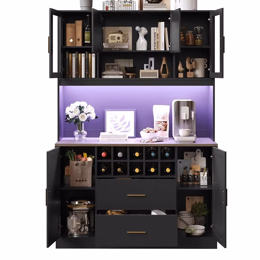 Armadio laterale per cucina Xylo nero con illuminazione integrata e portabottiglie L: 120 cm, P: 36,3 cm, H: 180 cm – 2