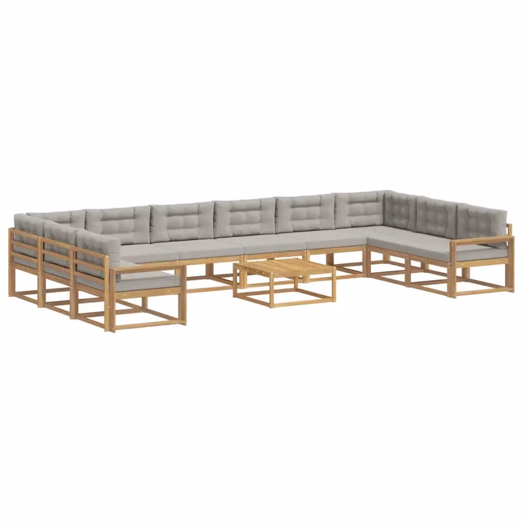 Set di divani da esterno a L con tavolino vidaXL in legno di acacia, 11 pezzi, Bianco e Grigio – 2