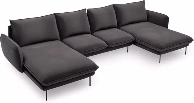 Divano panoramico Vienna di Cosmopolitan Design, modello a L da 6 posti in velluto grigio scuro con struttura in metallo e cuscini inclusi – 1