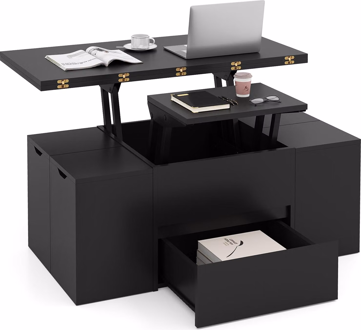 COSTWAY Tavolino con 4 sgabelli, tavolino da salotto con scomparto nascosto e cassetto, tavolino 3 in 1, tavolo da pranzo, tavolino da divano, 100x50x44 cm, nero