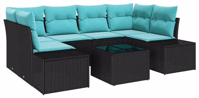 Set di divani da esterno, 7 pezzi, colore nero, materiale: rattan sintetico