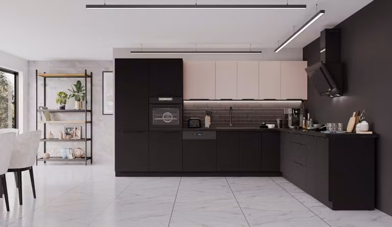 Cucina ad angolo SIENA + ARONA 350x290 cm, cucina a incasso, cucina ad angolo, colore nero cashmere
