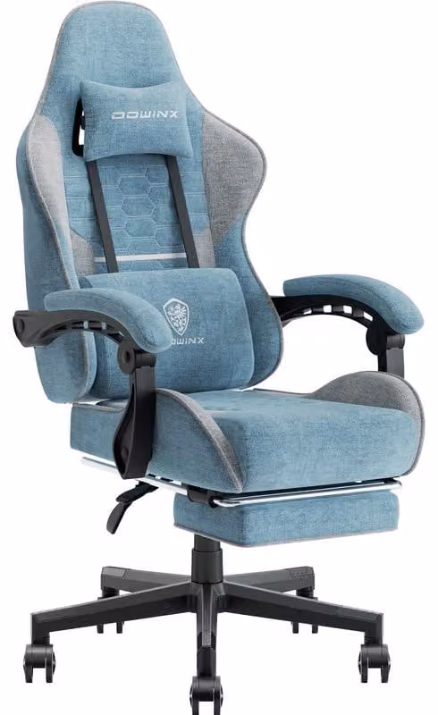 Sedia da gaming in tessuto, con imbottitura a molle insacchettate, funzione massaggio, poggiatesta, poggiapiedi, design ergonomico