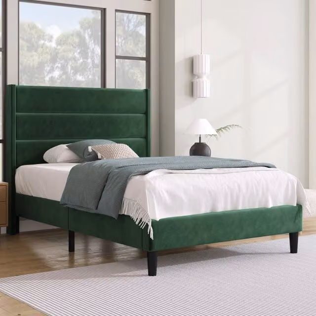 Letto imbottito REDOM in velluto verde con testiera L/P/H: 90 x 200 x 113 cm