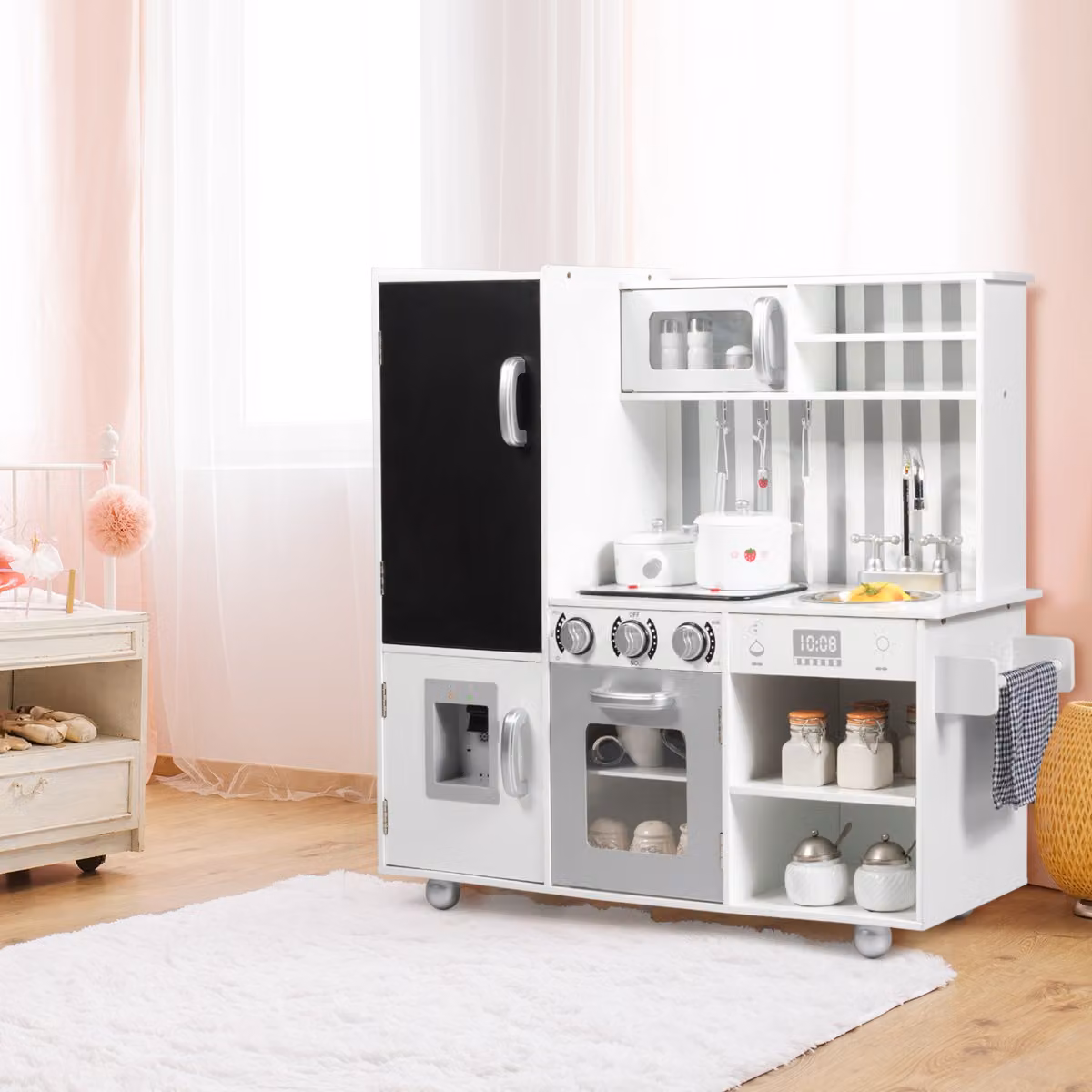 Cucina giocattolo Costway in legno bianco con suoni, lavello rimovibile e lavagna per il gioco creativo dei bambini – 3