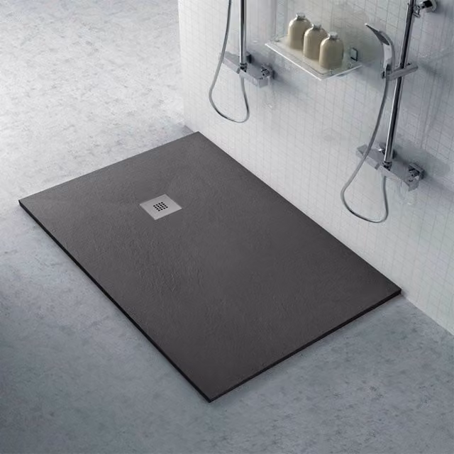 Piatto doccia rettangolare Karen in resina effetto ardesia colore antracite L: 110 cm, P: 80 cm – 1