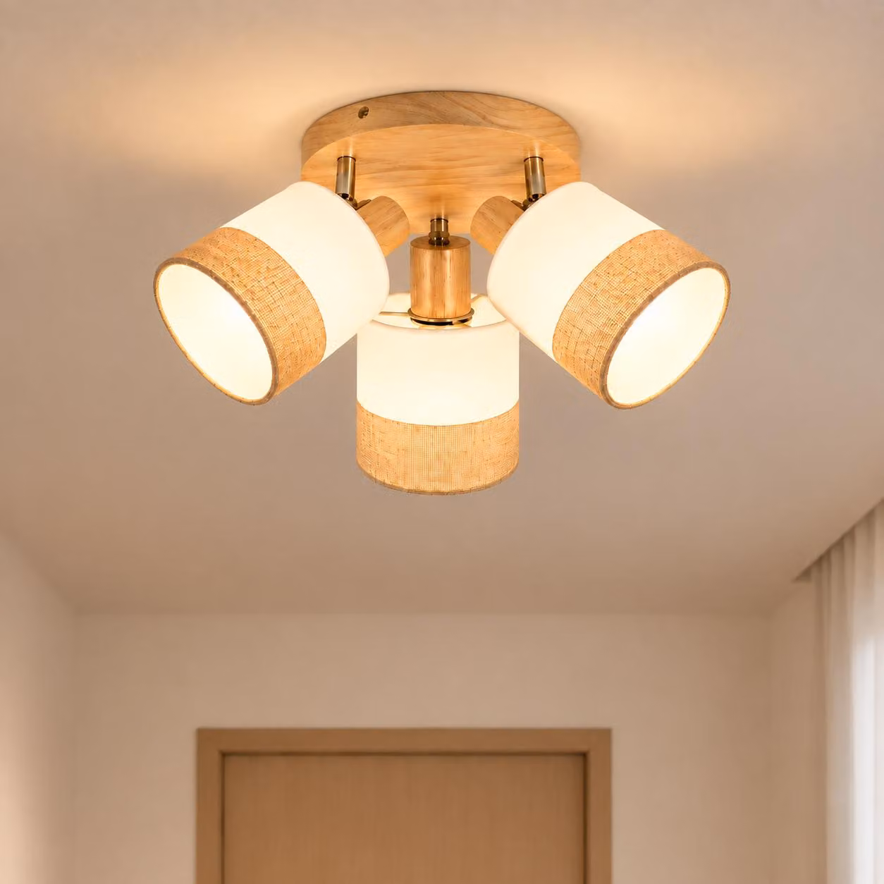 Lampada a soffitto boho, 3 luci, rotonda, nera, con paralume in tessuto, stile retrò rustico, attacco E27, ideale per camera da letto, corridoio, soggiorno, cucina e sala da pranzo