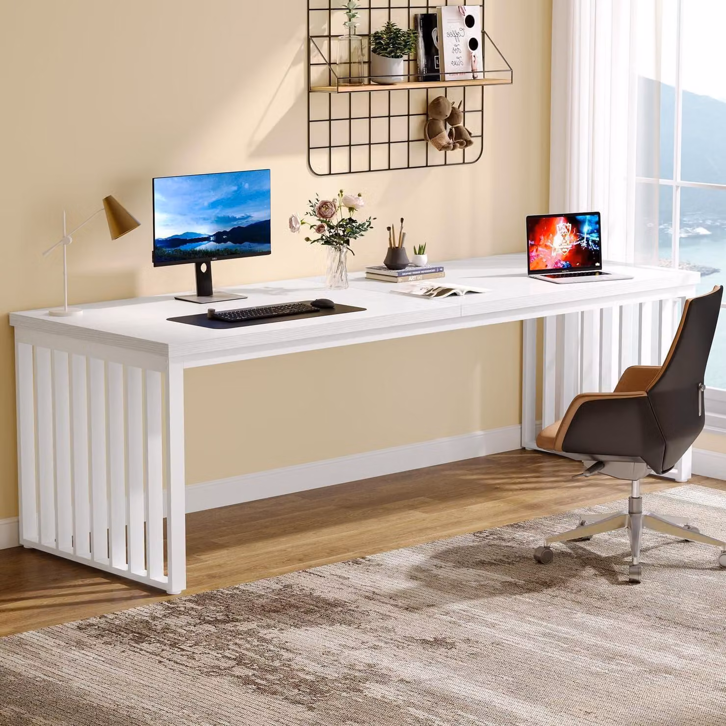 Scrivania da 180 cm, scrivania per computer, scrivania da ufficio, struttura in metallo, postazione di lavoro, ufficio domestico, colore bianco e marrone
