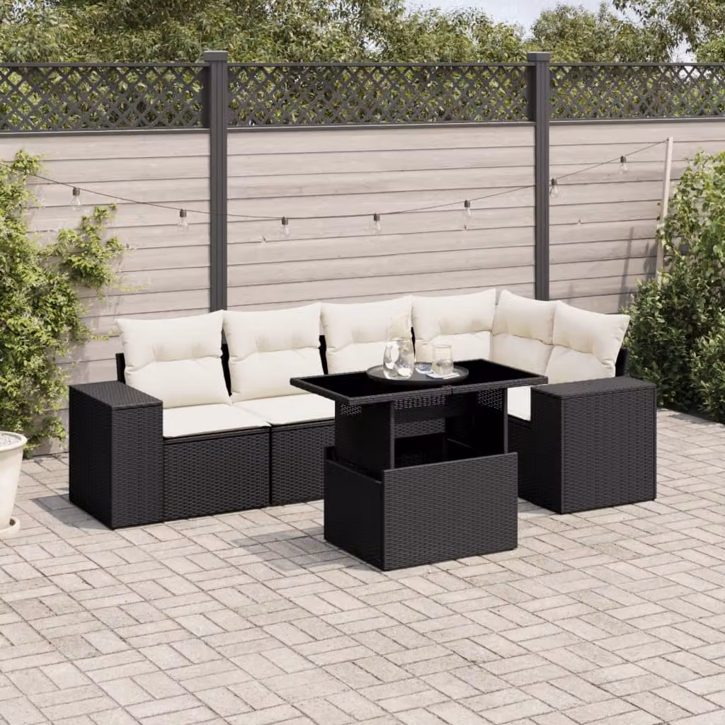 Set Divano da Giardino a L vidaXL in Polyrattan Nero con 6 Cuscini e Tavolino da Esterno – 1