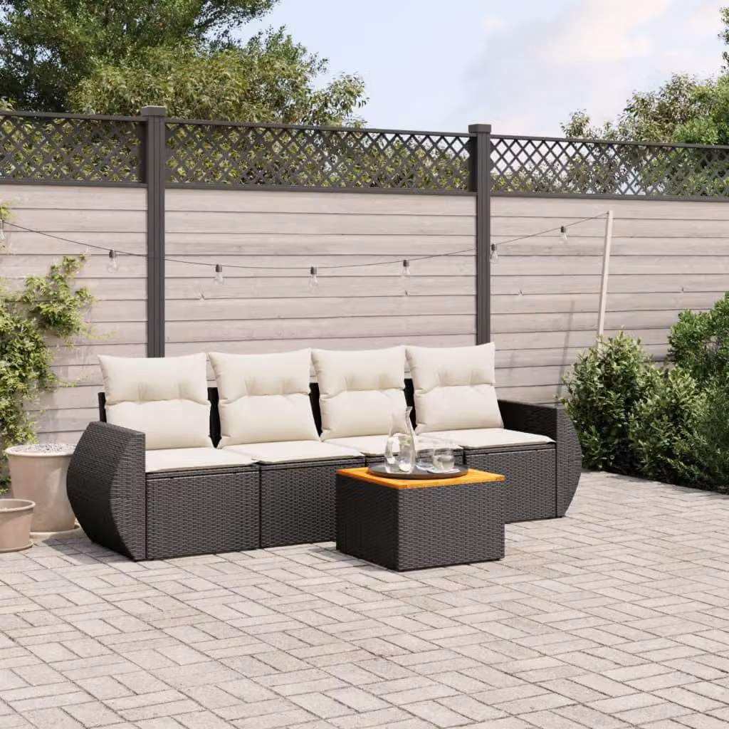 vidaXL Set Divani da Giardino 5 Pezzi in Polyrattan Nero con Cuscini e Tavolino da Esterno – 1