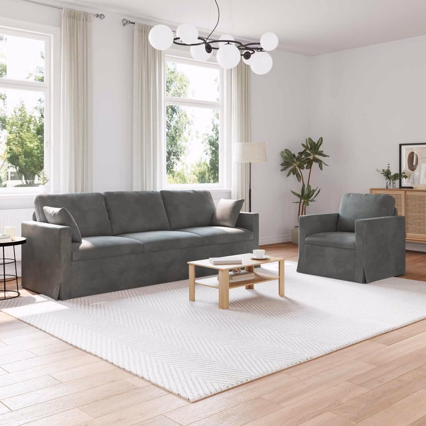 Set di divani 2 pz vidaXL in velluto grigio scuro con struttura in metallo e cuscini inclusi L/P/H: 228 x 78 x 80 cm – 1