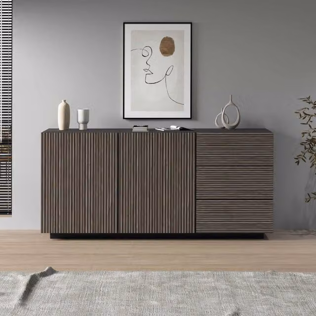 WHOUS Credenza Coste a 2 ante e 3 cassetti antracite opaco e legno scuro 180x43x86 cm