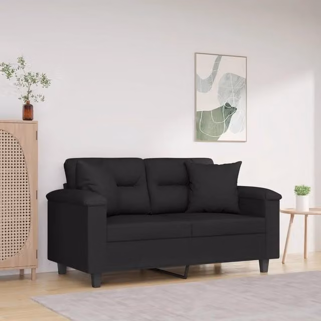 Divano a 2 posti moderno vidaXL in microfibra nera con cuscini e struttura in metallo L: 150 cm, P: 80 cm, H: 77 cm