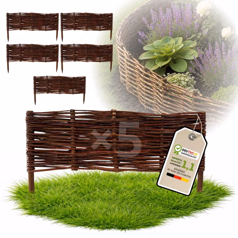 Floranica 5 pezzi Recinzione in vimini 20 cm x 60 cm – Staccionata da giardino intrecciata Palizzata Recinzione naturale Bordo aiuola