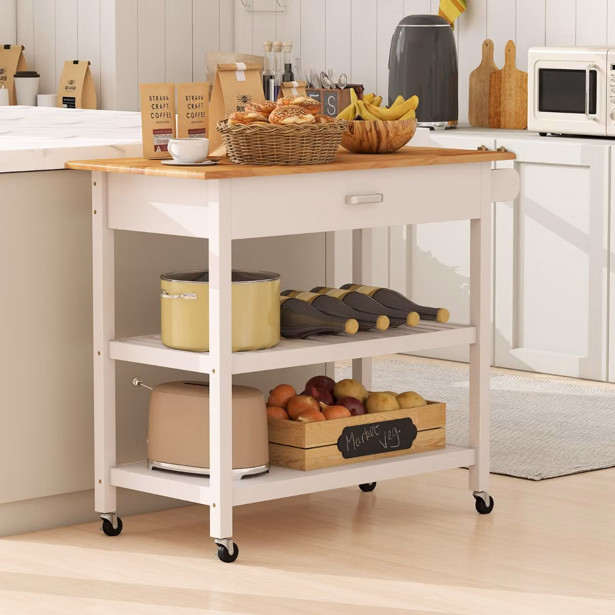 Carrello di servizio Costway a 3 livelli con piano in legno e ripiani aperti, Isola da cucina moderna bianca