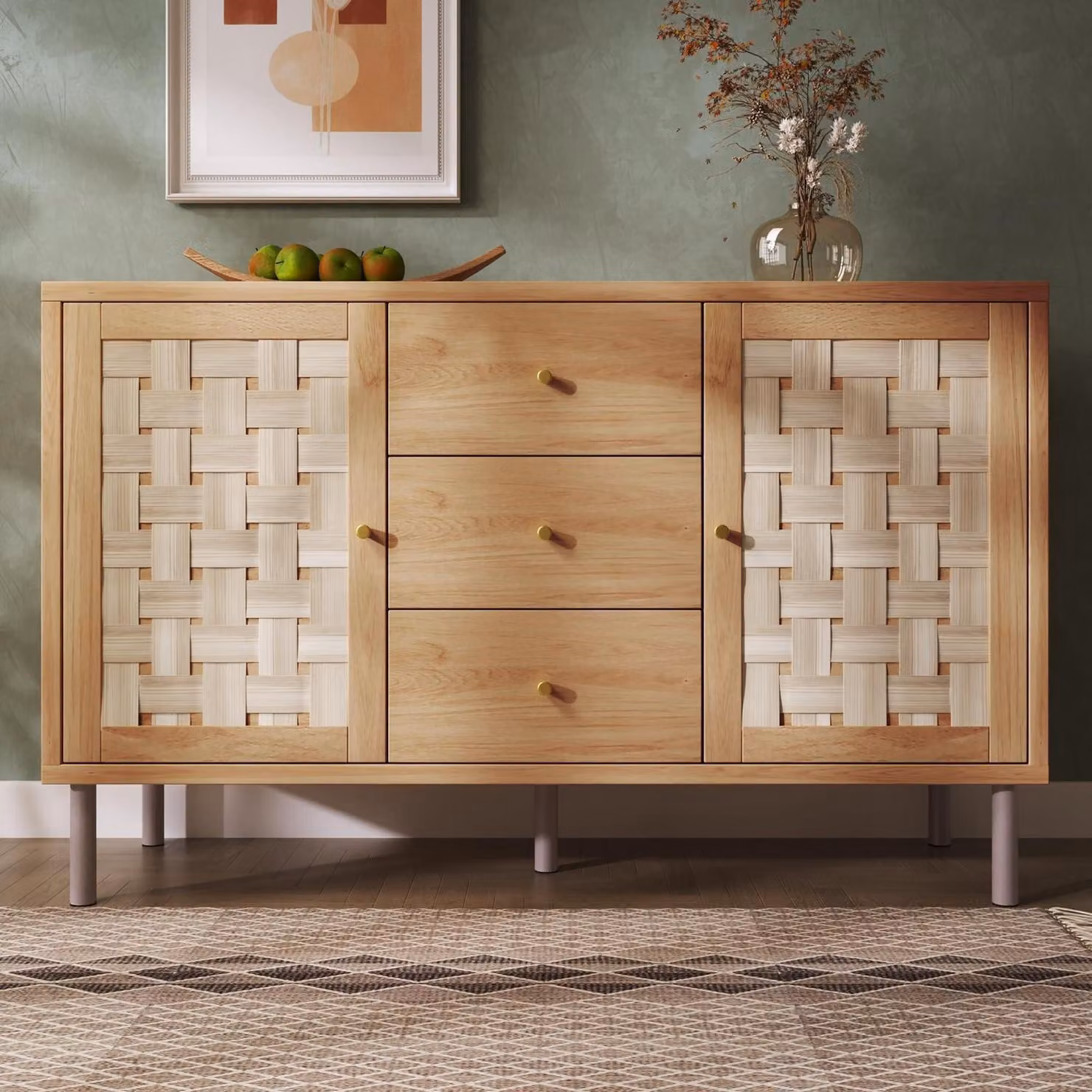 Credenza con 2 ante, 3 cassetti, in legno di quercia, stile rustico
