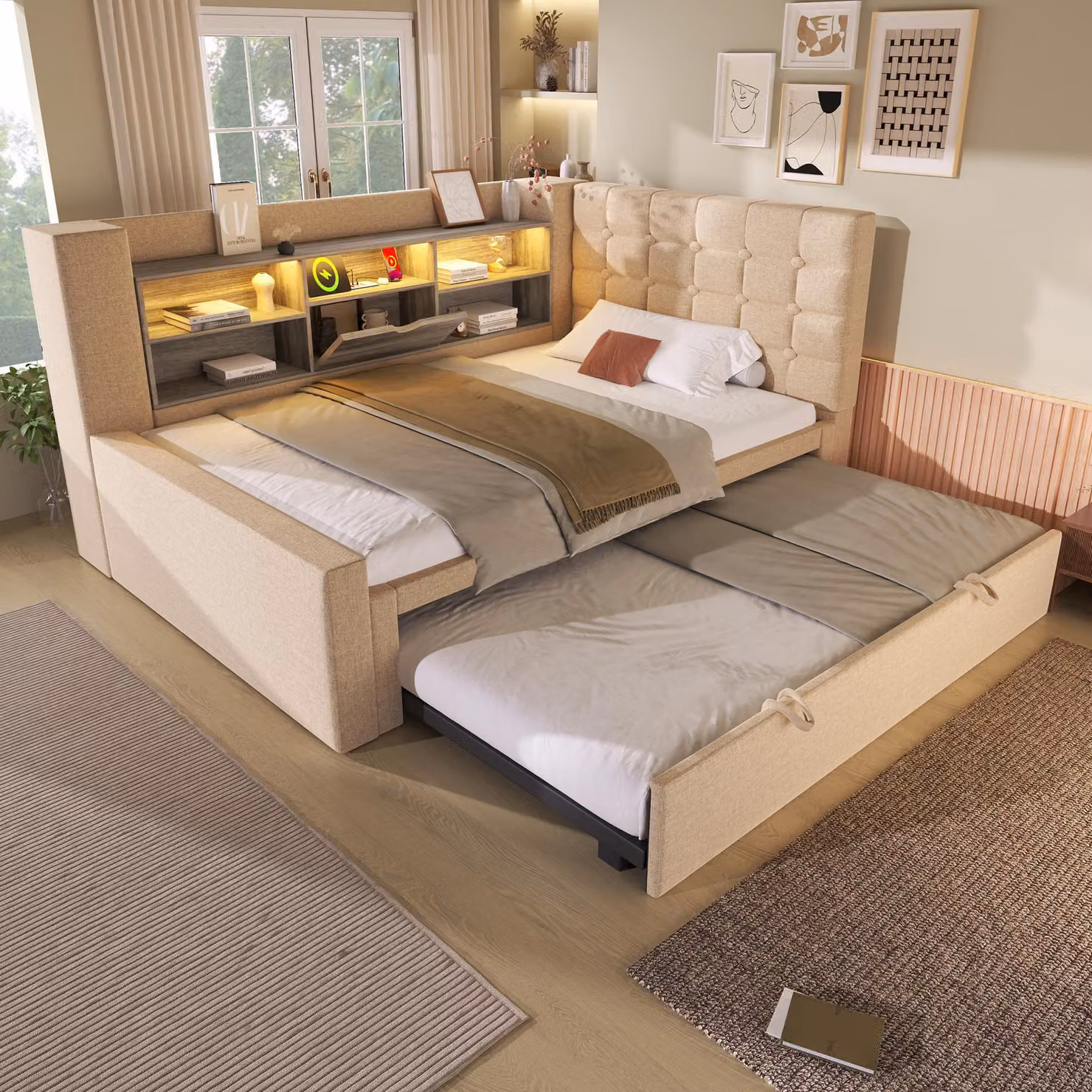Letto imbottito 90x200 m. Letto estraibile 90x190, con illuminazione LED, spazio contenitore, testiera imbottita a forma di "L" con spazio contenitore, reversibile, rete a doghe, lenzuola o materasso (da specificare).