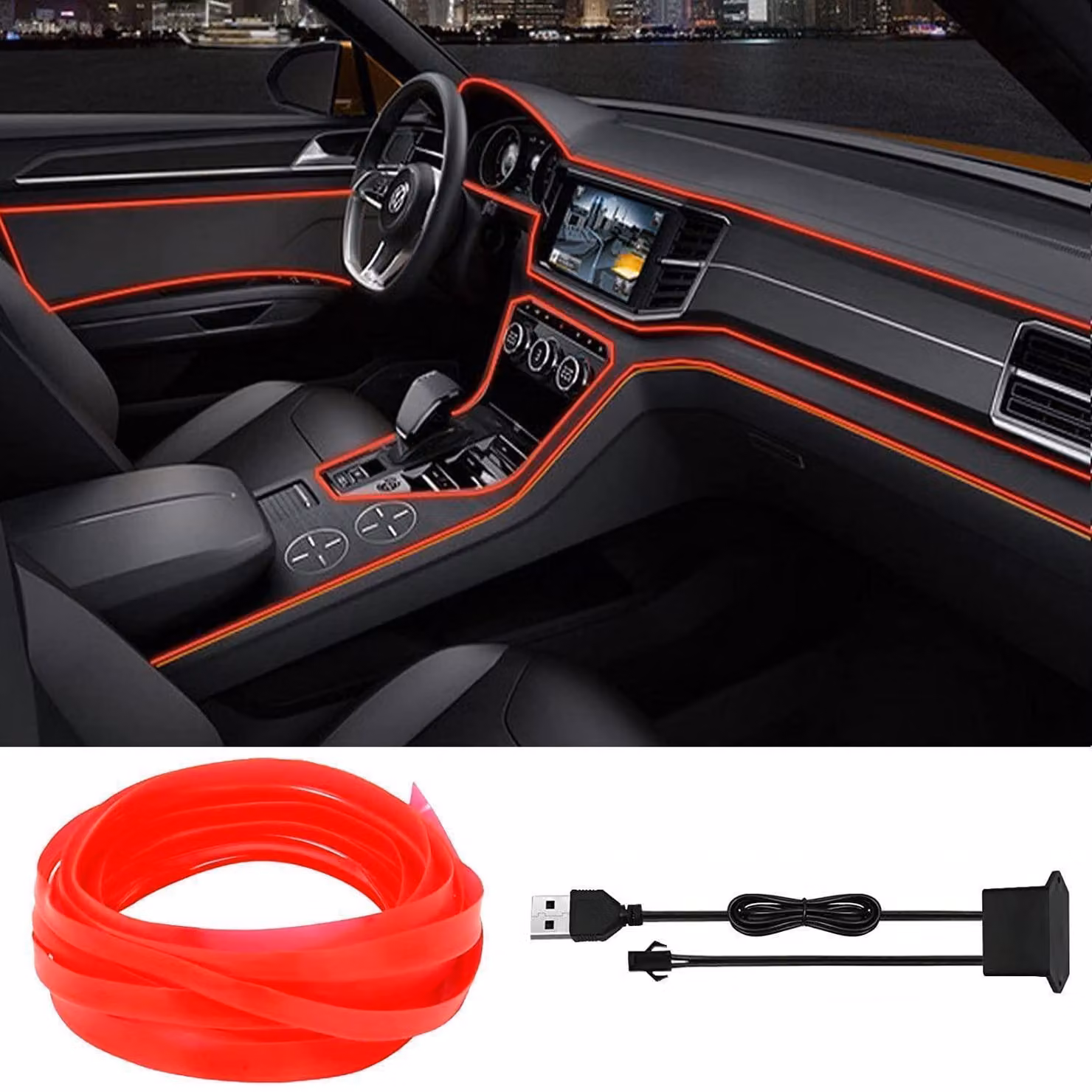 Illuminazione interna LED per auto, 5 metri, colore rosso, impermeabile, striscia LED per illuminazione d'ambiente, alimentazione USB