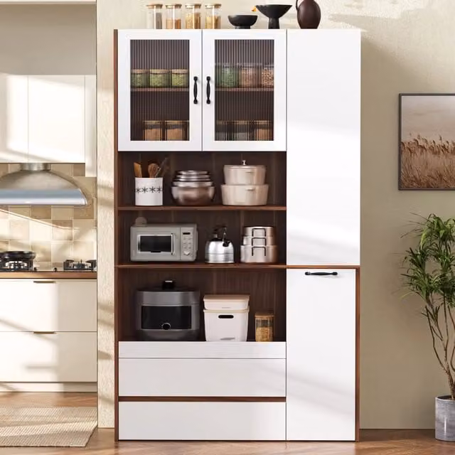 Credenza alta MIVRAY con ante in vetro scanalato e 2 cassetti in MDF, colore bianco e noce, L: 100 cm, P: 40 cm, H: 200 cm – 1