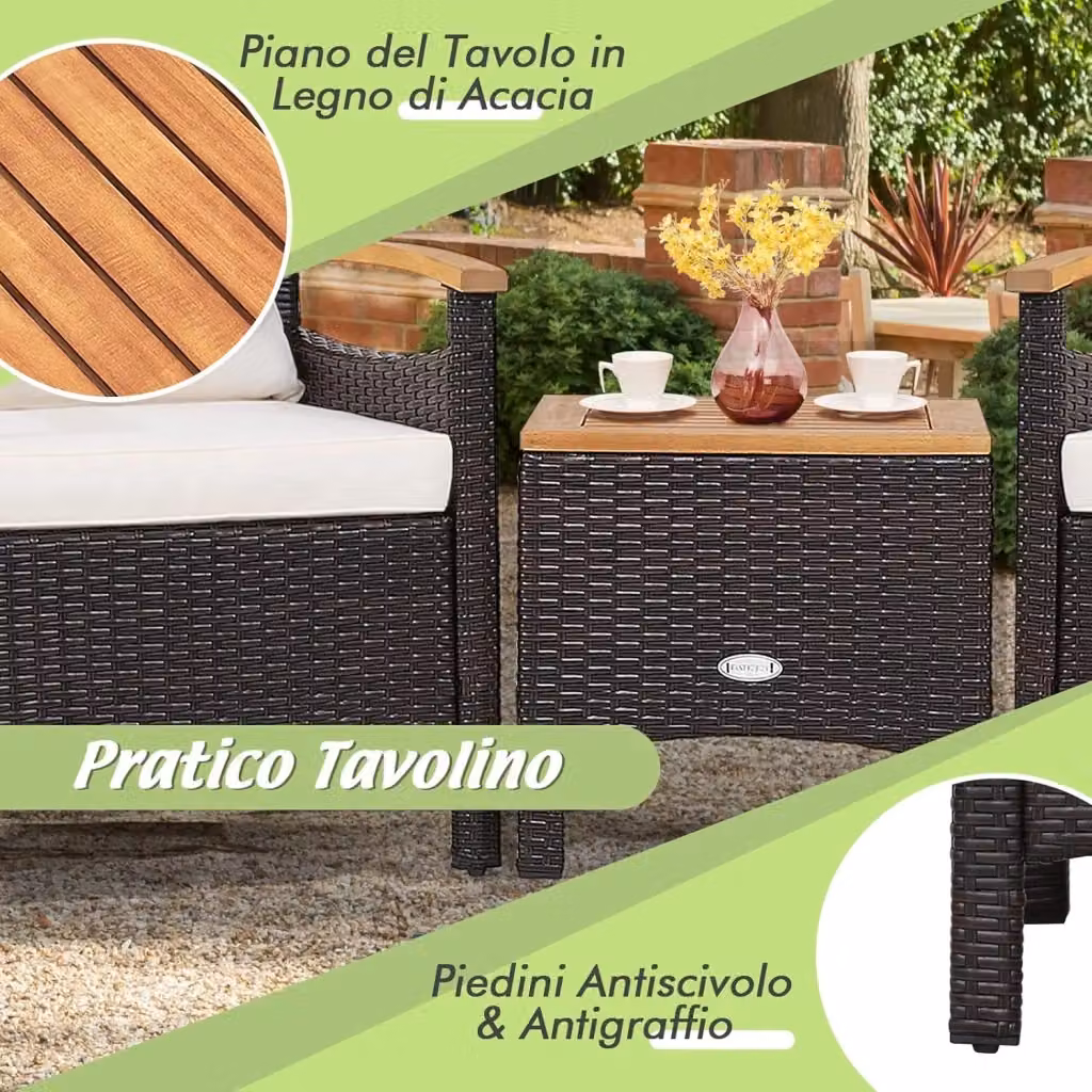 Costway Set di Mobili da Giardino 3 Pezzi in Rattan e Metallo con Divano a 2 Posti, Tavolino e Cuscini Rimovibili Marroni per Terrazza e Cortile – 2